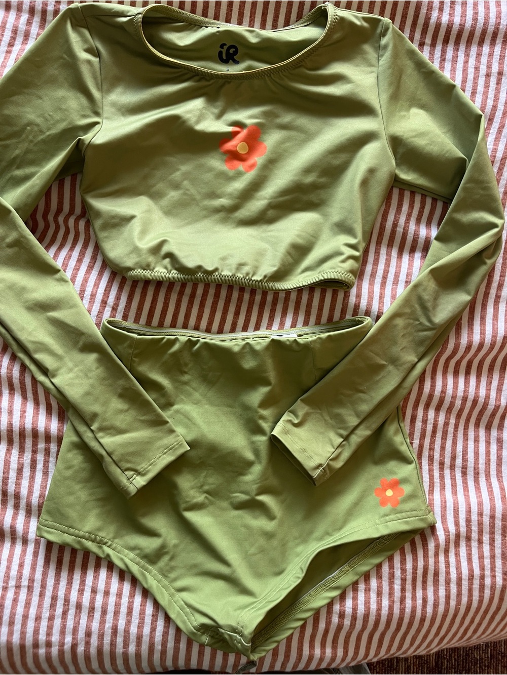 Inner relm !Bottom only! Green Two-Piece Long Sleeve Swim Set with Orange Flower